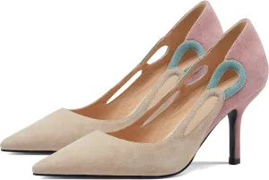 LEHOOR Women Kitten Heel Pumps Pointed Toe Suede Stilettos High Heel Dress Shoes Rainbow Slip On 2.5Heels Cutout Sandals Multicolor Patchwork for Bridal Wedding Office Ladies Evening Party 4-11 M US