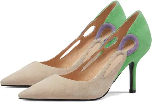 LEHOOR Women Kitten Heel Pumps Pointed Toe Suede Stilettos High Heel Dress Shoes Rainbow Slip On 2.5Heels Cutout Sandals Multicolor Patchwork for Bridal Wedding Office Ladies Evening Party 4-11 M US