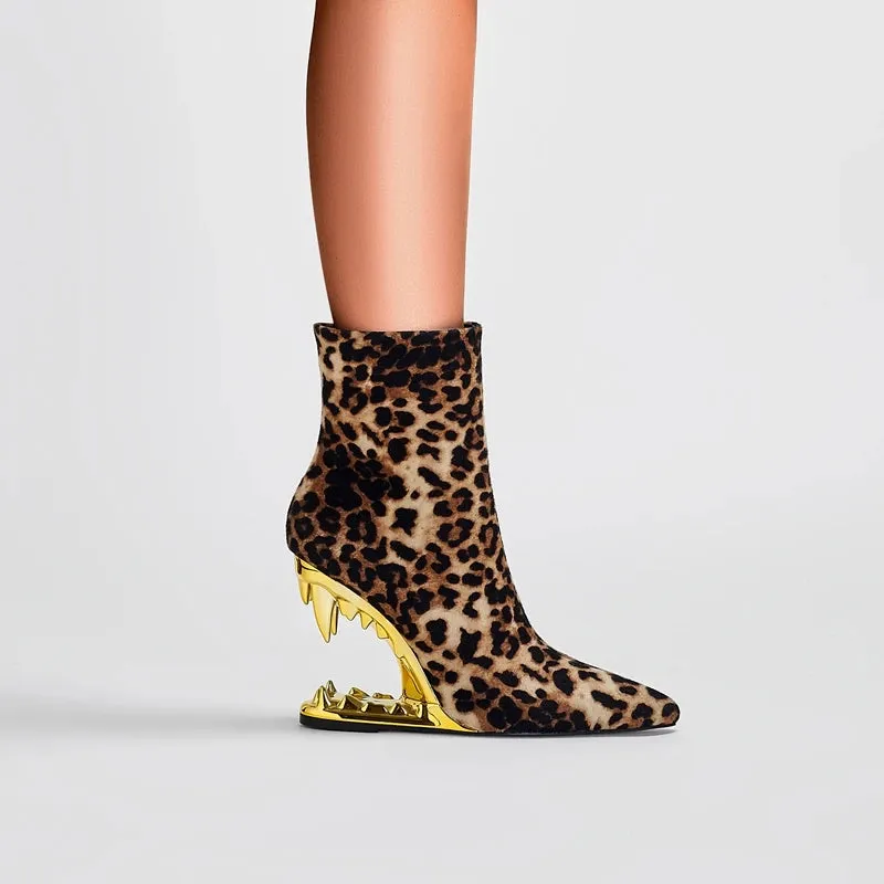 Leopard Print Ankle Boots Pointed Toe Heels