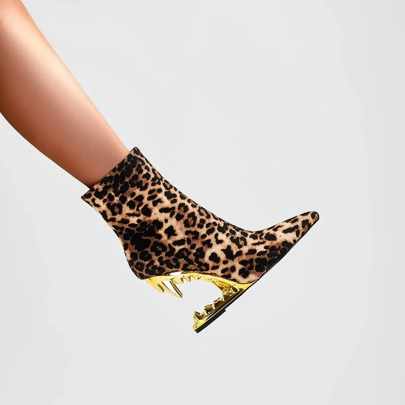 Leopard Print Ankle Boots Pointed Toe Heels