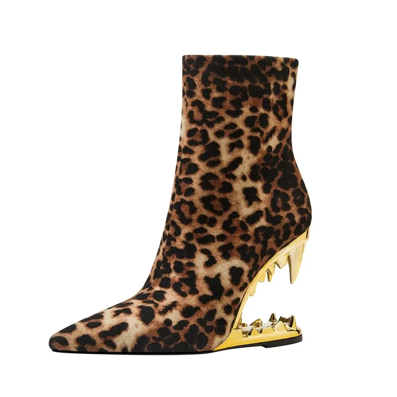 Leopard Print Ankle Boots Pointed Toe Heels