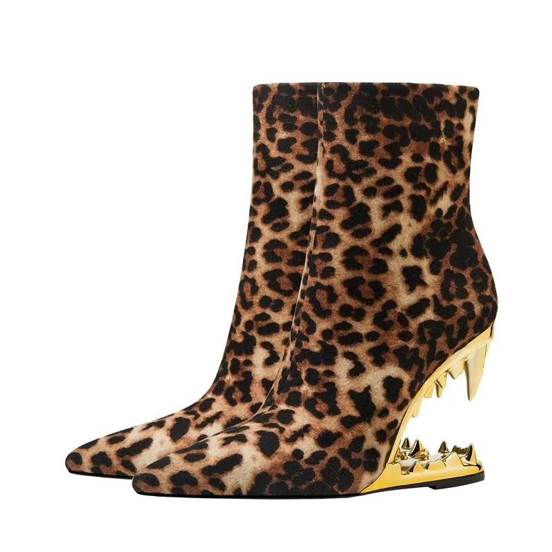 Leopard Print Ankle Boots Pointed Toe Heels