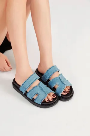 LIGHT BLUE GLADIATOR STRAP FLAT SLIDER SANDALS MULES
