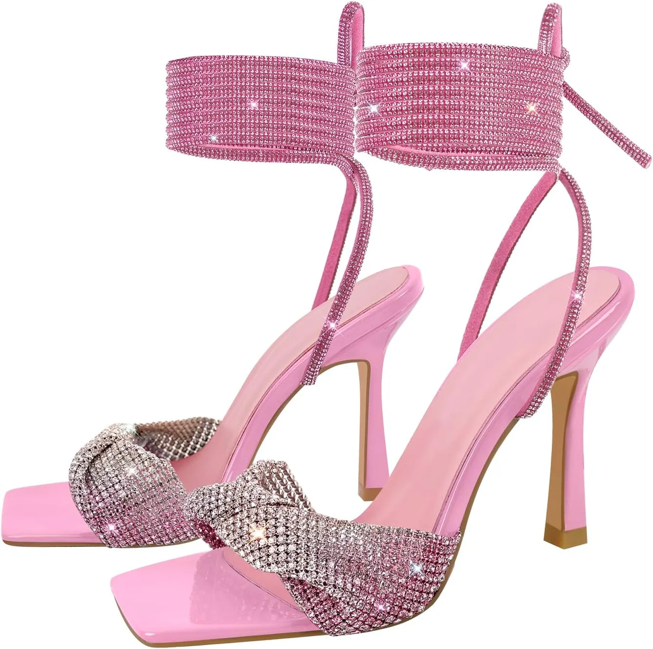 LISHAN Women's Glitter Sparkle Rhinestones Stilettos Square Open Toe Lace Up Bling Slim High Heels