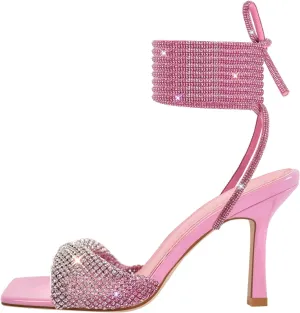 LISHAN Women's Glitter Sparkle Rhinestones Stilettos Square Open Toe Lace Up Bling Slim High Heels