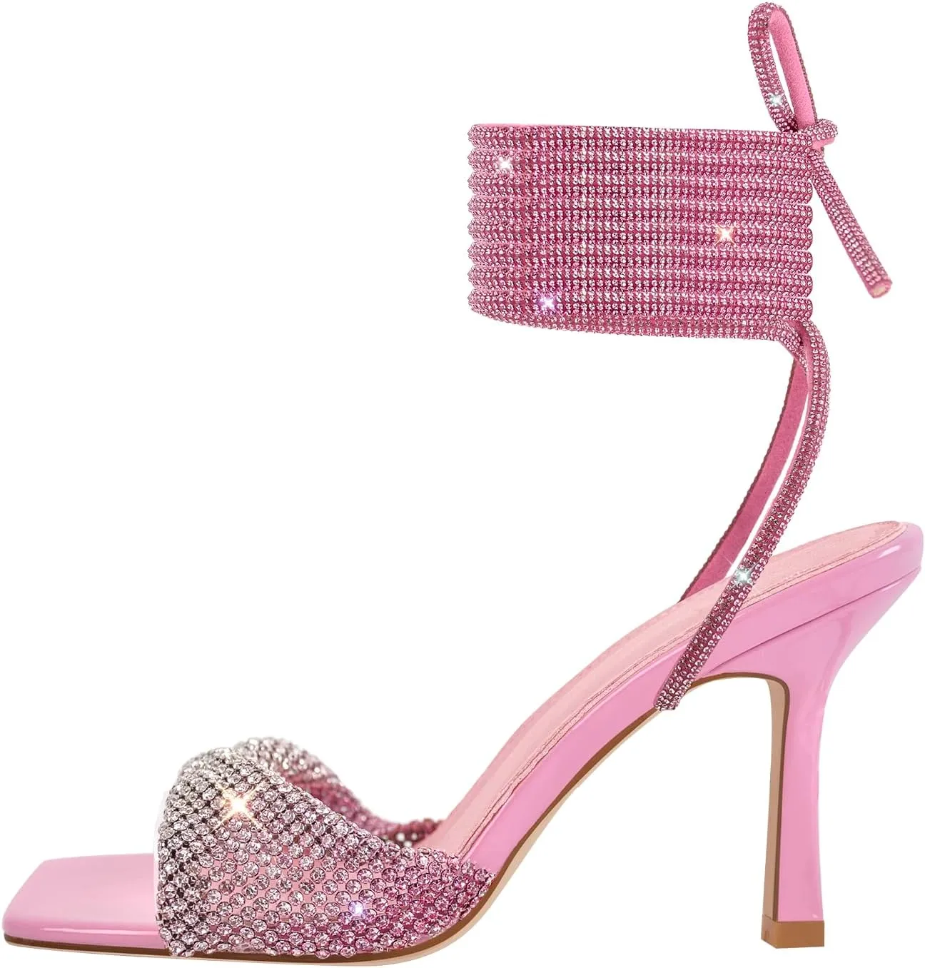 LISHAN Women's Glitter Sparkle Rhinestones Stilettos Square Open Toe Lace Up Bling Slim High Heels