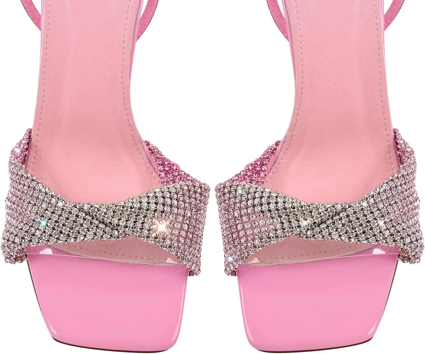 LISHAN Women's Glitter Sparkle Rhinestones Stilettos Square Open Toe Lace Up Bling Slim High Heels