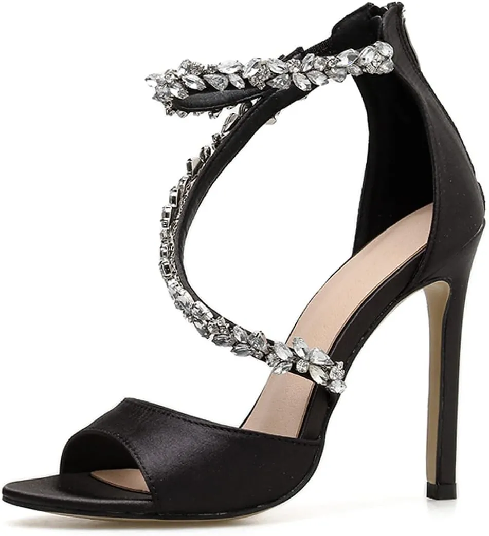 LizFoYa Women Rhinestone Embellished Evening Heels Peep Toe Crystal Strappy Formal Dress Party Wedding High Heels