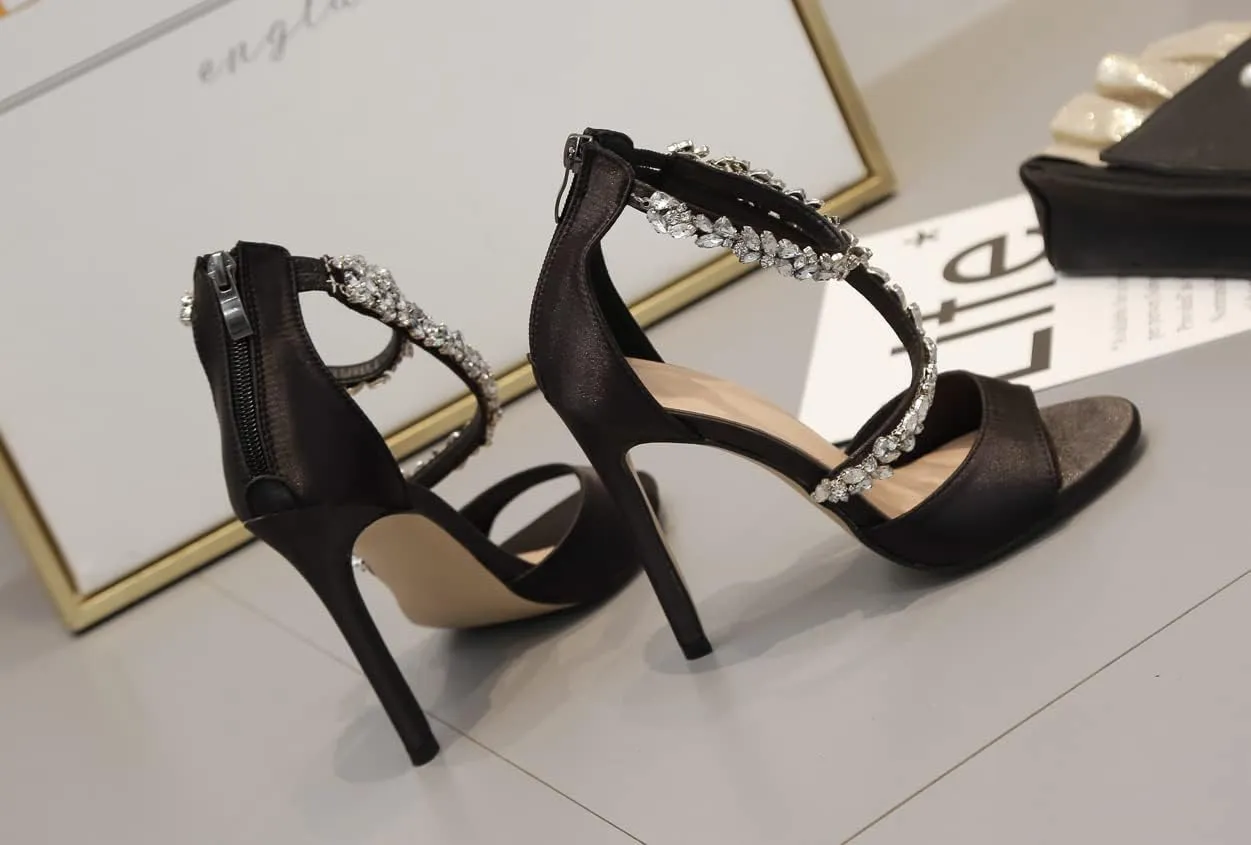 LizFoYa Women Rhinestone Embellished Evening Heels Peep Toe Crystal Strappy Formal Dress Party Wedding High Heels