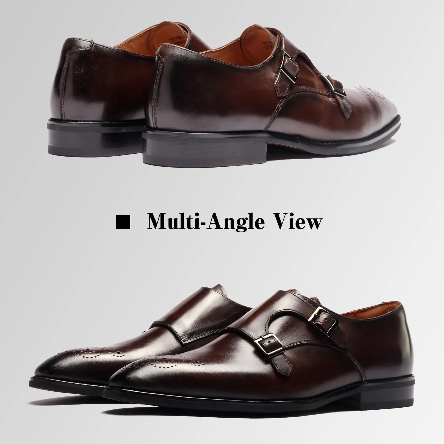 Loafers for Men - Genuine Calfskin Brogue Monk Strap Shoes | Double Buckle Dress Shoes with Perforated Detailing | Business Formal & Casual
