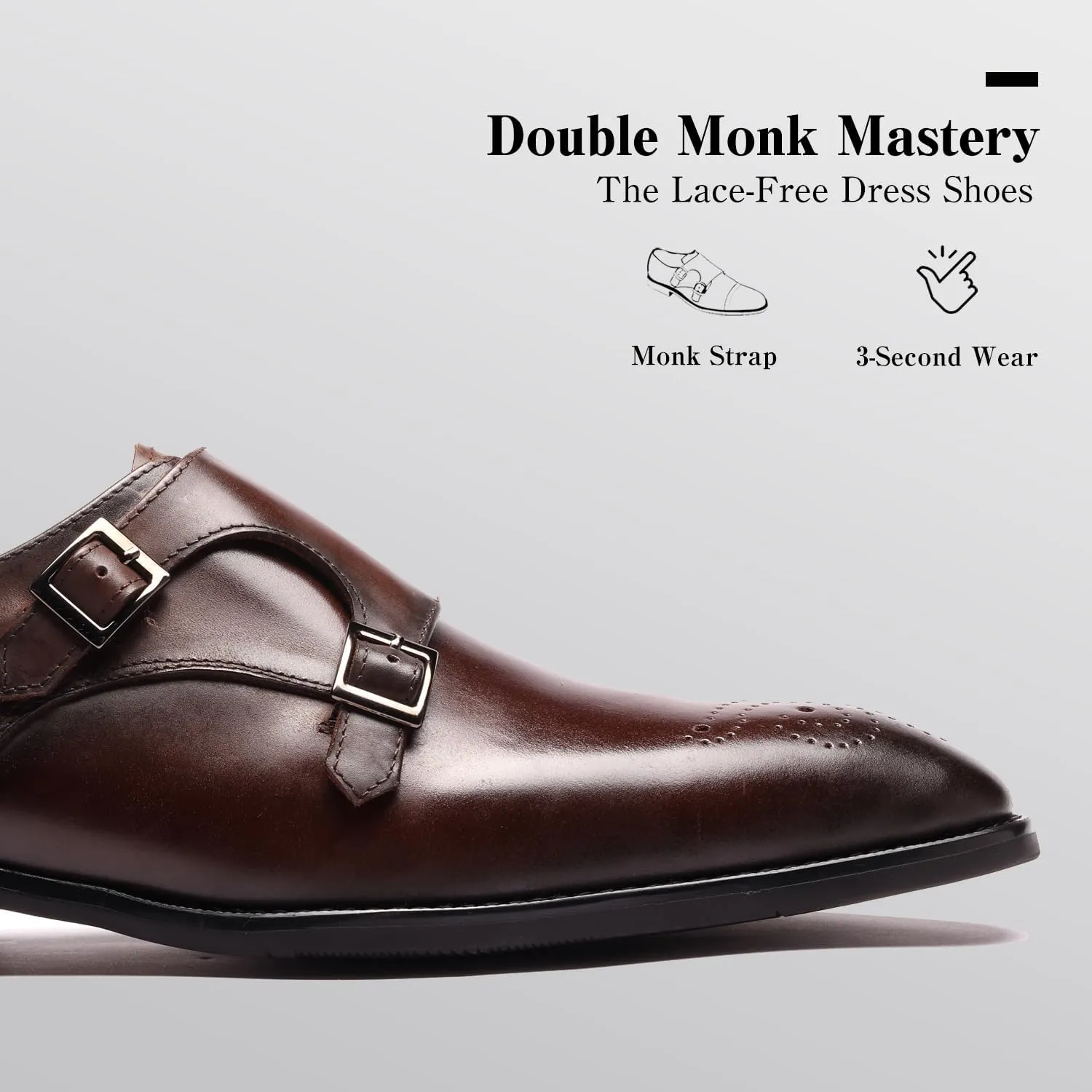Loafers for Men - Genuine Calfskin Brogue Monk Strap Shoes | Double Buckle Dress Shoes with Perforated Detailing | Business Formal & Casual