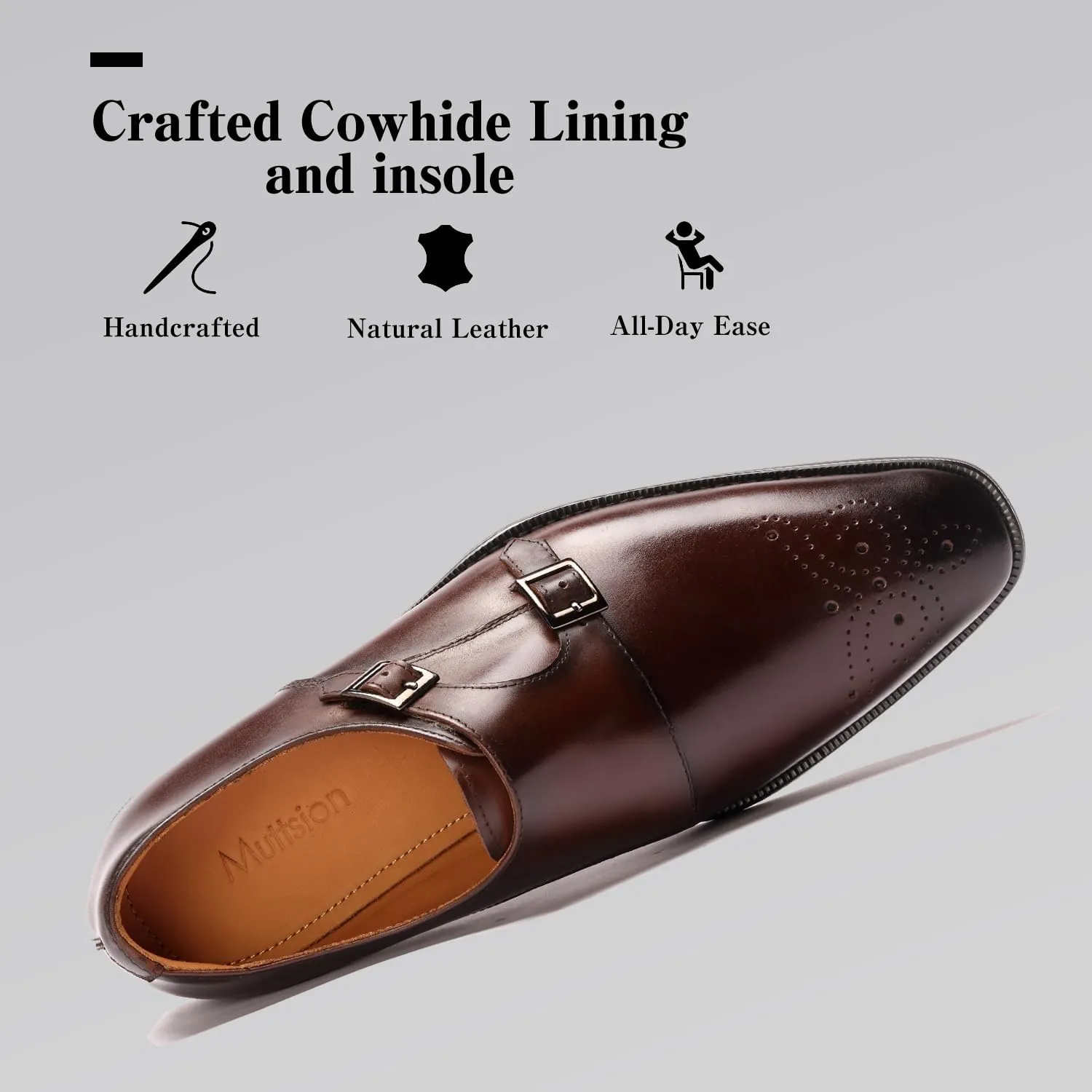 Loafers for Men - Genuine Calfskin Brogue Monk Strap Shoes | Double Buckle Dress Shoes with Perforated Detailing | Business Formal & Casual