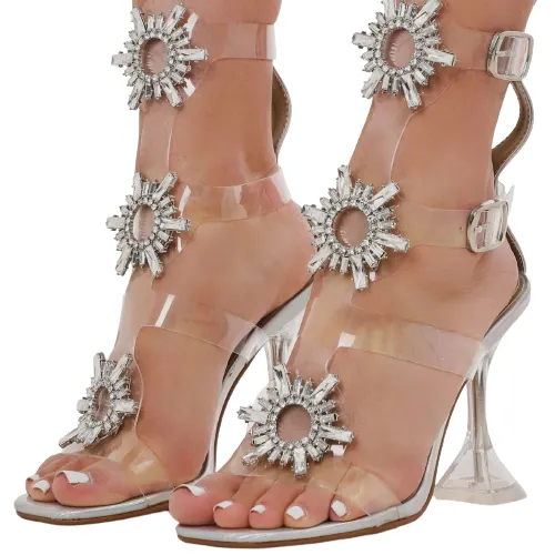 LuxeModa Shining Diamond Caged Perspex Square Toe Pyramid Heel Nude Clear