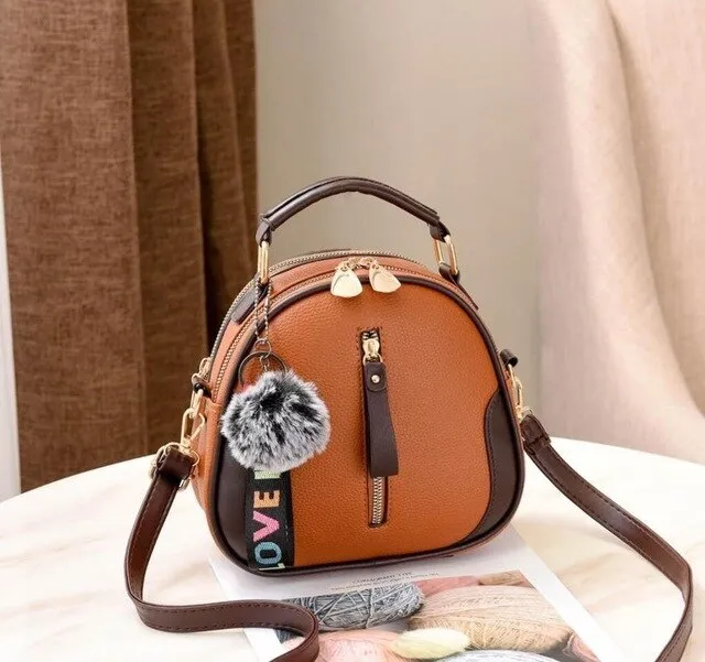 Luxury PU Leather Women's Small Tote Bag – Fashionable Fur Ball Pendant, Chic Crossbody Design
