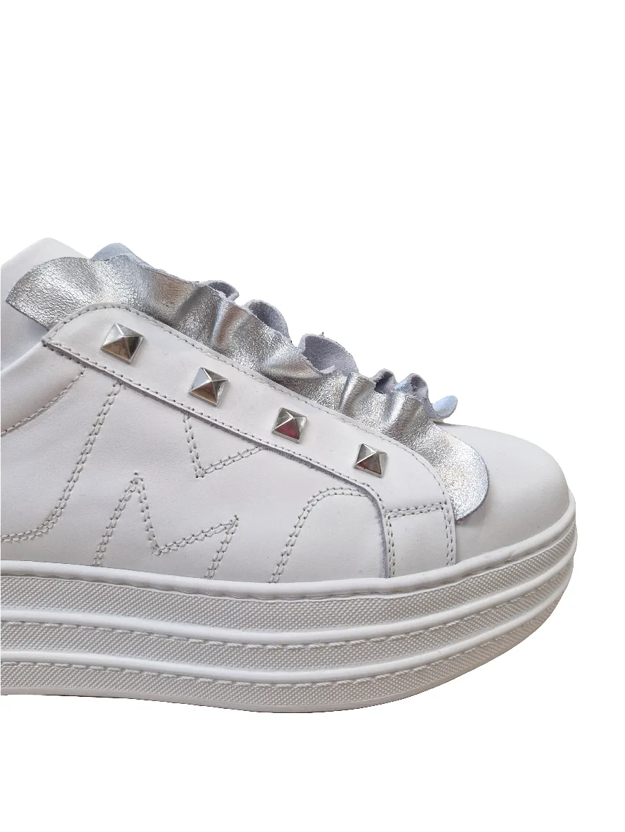 Marco Moreo white chunky slip on platform sneaker with silver stud & frill detail