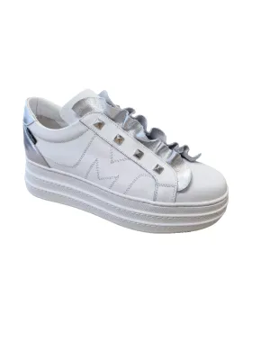 Marco Moreo white chunky slip on platform sneaker with silver stud & frill detail