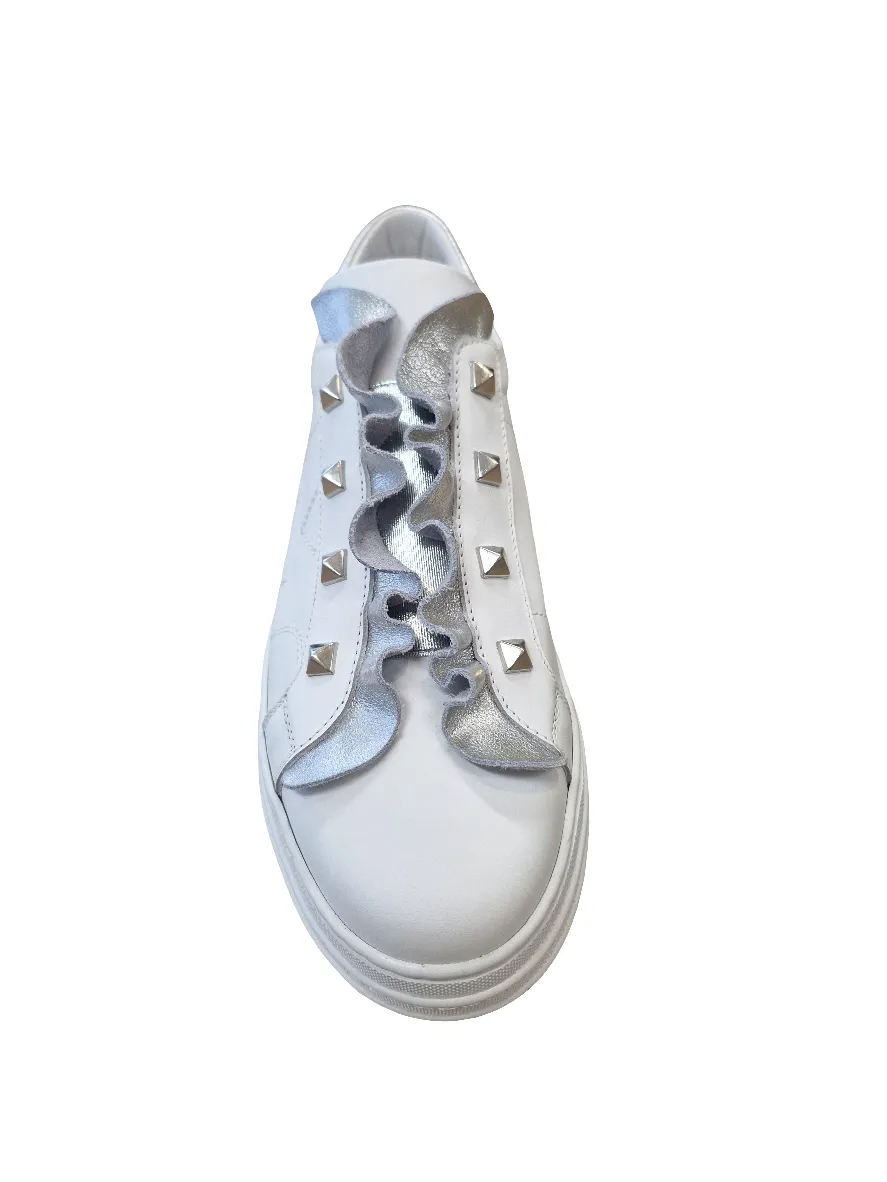 Marco Moreo white chunky slip on platform sneaker with silver stud & frill detail