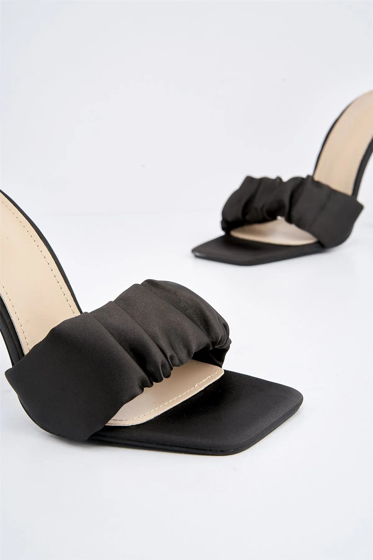 Martha Crinkled Band Heeled Mule in Black Satin