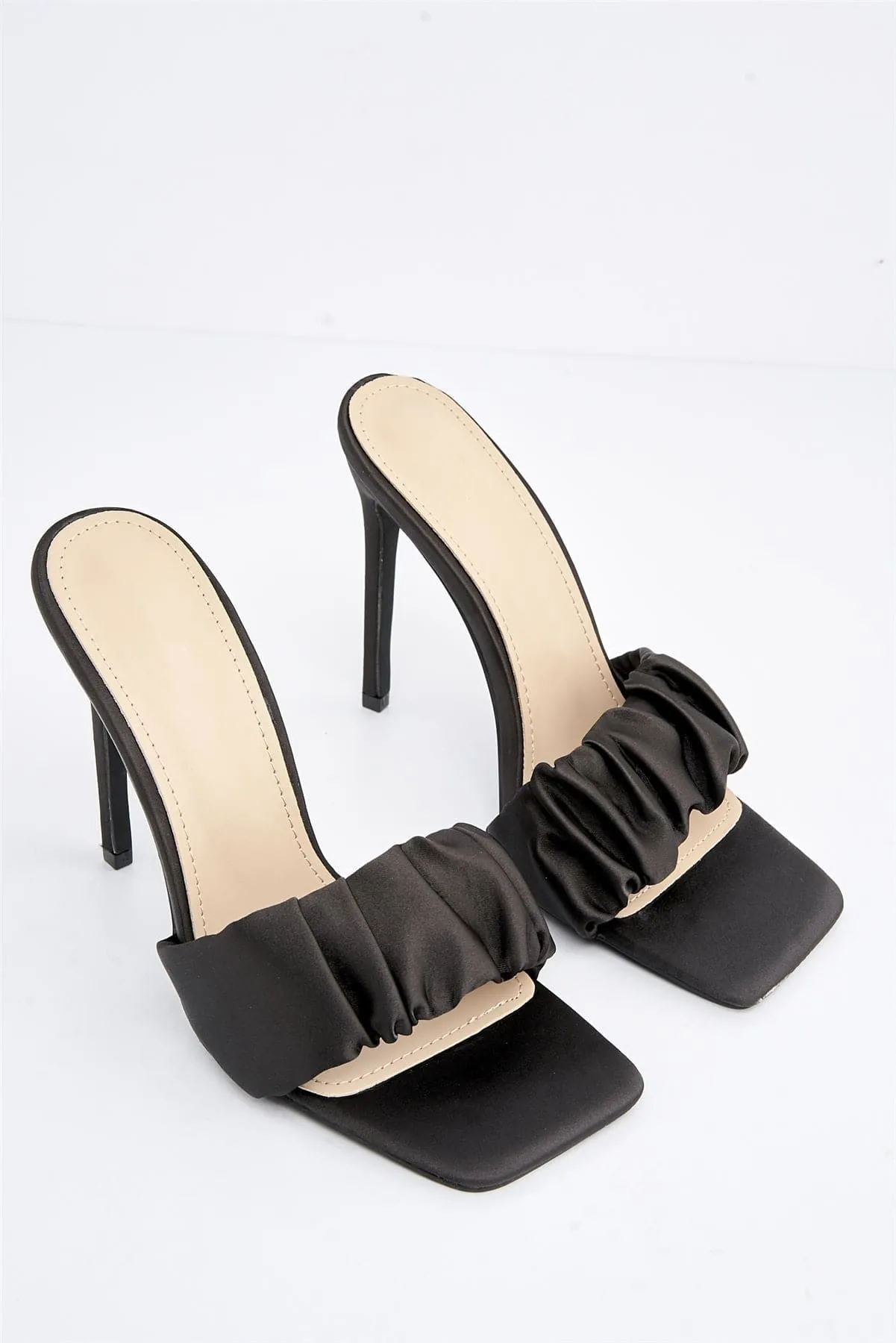 Martha Crinkled Band Heeled Mule in Black Satin