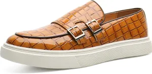 Men Crocodile Print Double Monk Strap Slip On Loafers Fashionable Patent Leather Classic Oxford Formal Business Shoes Comfortable Dress Shoes