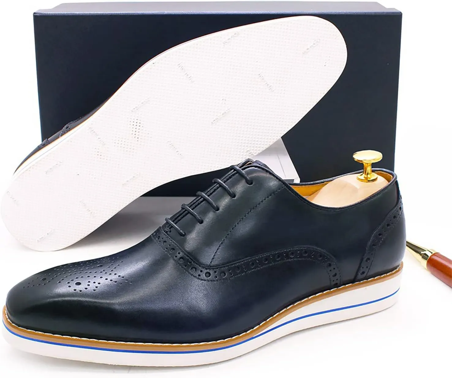 Men Dress Leather Lace-up Brogues Formal Oxfords Business Casual Wingtip Wedding Party Derbys,Blue-40