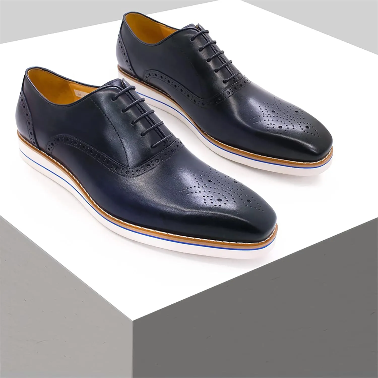 Men Dress Leather Lace-up Brogues Formal Oxfords Business Casual Wingtip Wedding Party Derbys,Blue-40