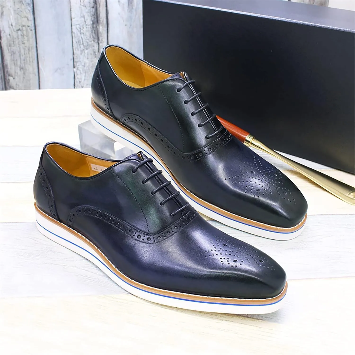 Men Dress Leather Lace-up Brogues Formal Oxfords Business Casual Wingtip Wedding Party Derbys,Blue-40