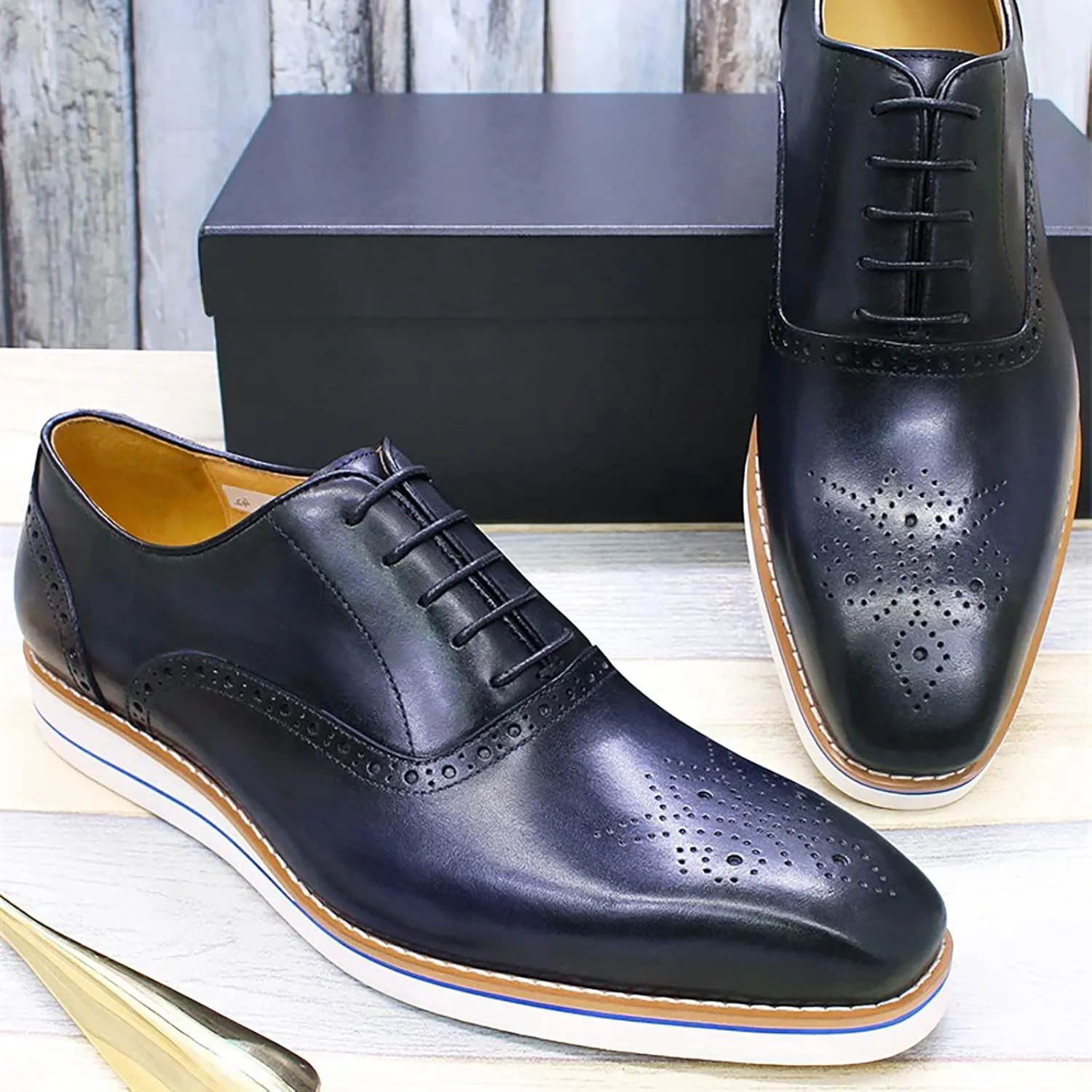 Men Dress Leather Lace-up Brogues Formal Oxfords Business Casual Wingtip Wedding Party Derbys,Blue-40