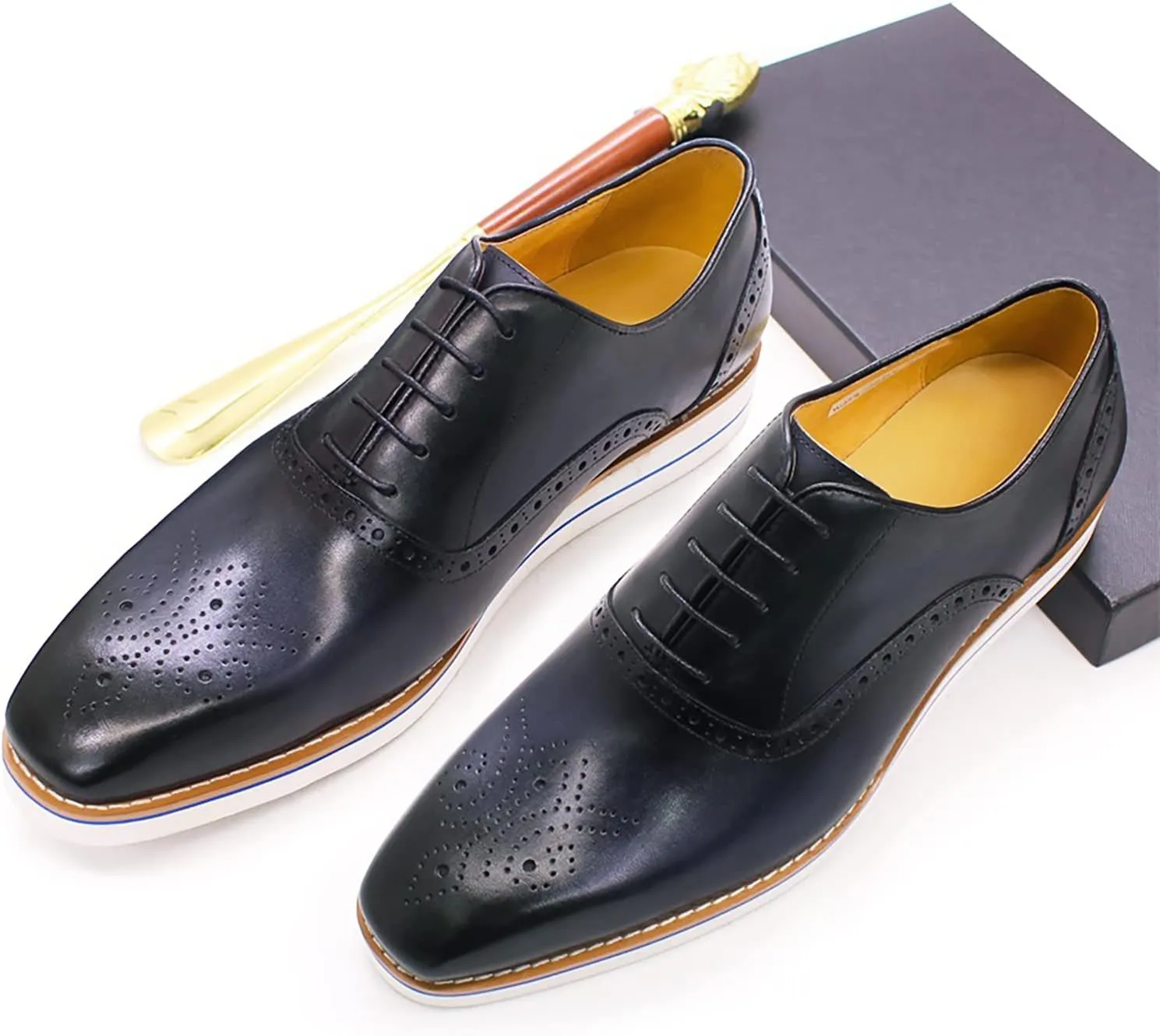 Men Dress Leather Lace-up Brogues Formal Oxfords Business Casual Wingtip Wedding Party Derbys,Blue-40