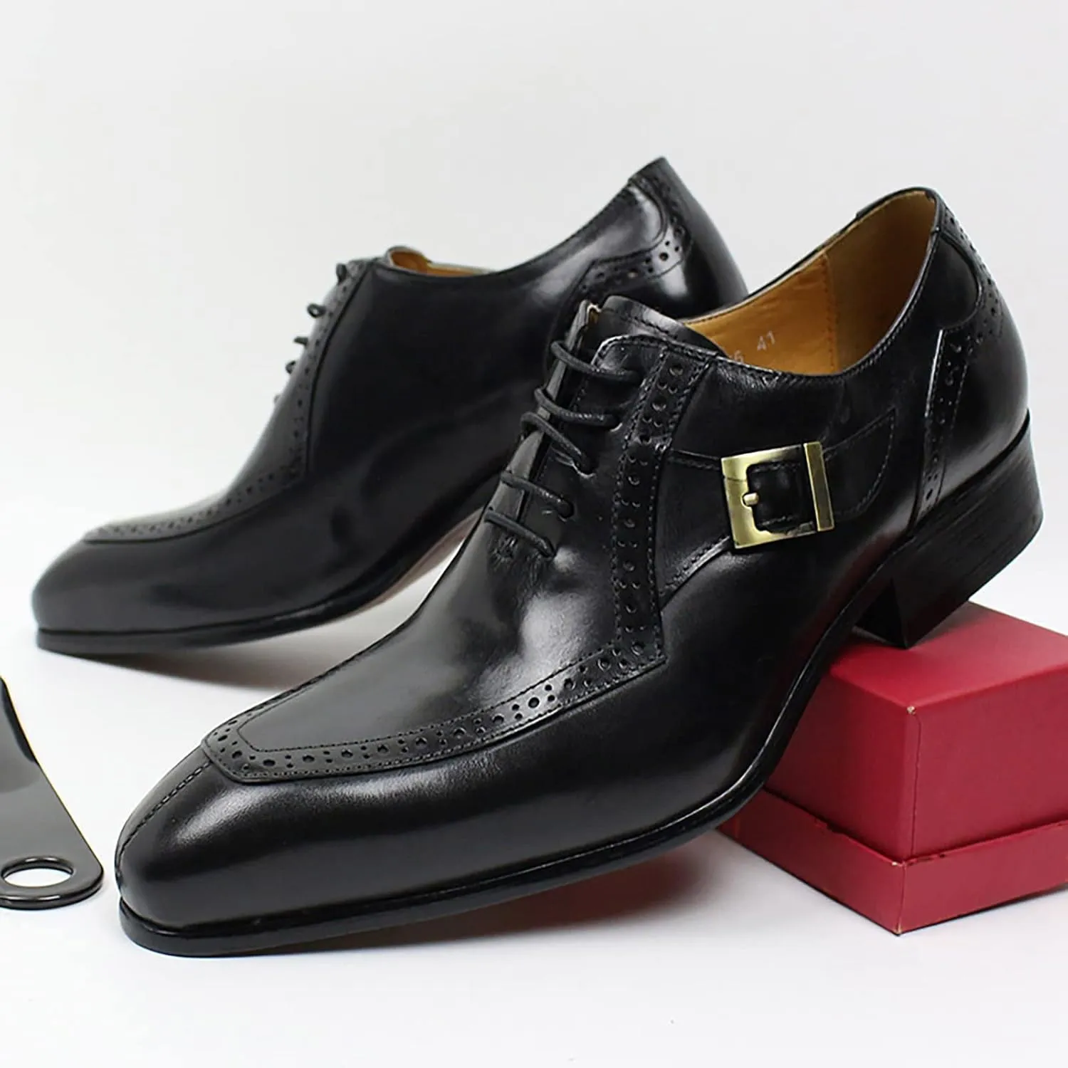 Men Work Uniform Leather Lace-up Brogues Formal Dress Retro Oxfords Wedding Party Derbys Breathable,Black-41