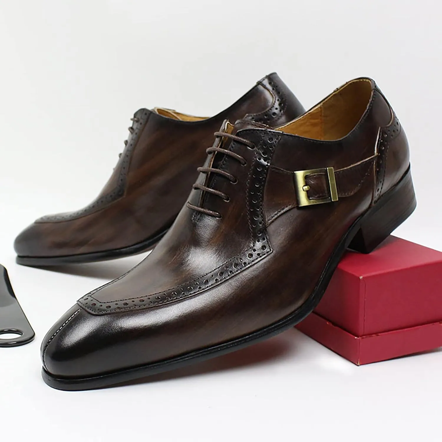 Men Work Uniform Leather Lace-up Brogues Formal Dress Retro Oxfords Wedding Party Derbys Breathable,Brown-45
