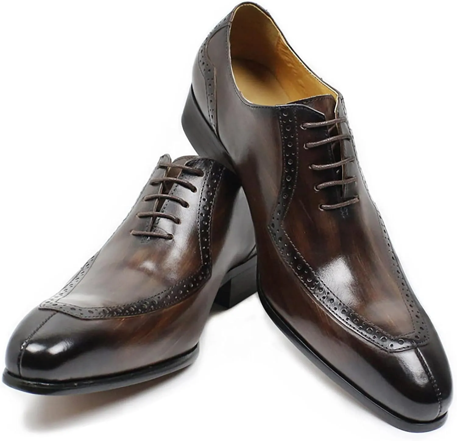 Men Work Uniform Leather Lace-up Brogues Formal Dress Retro Oxfords Wedding Party Derbys Breathable,Brown-45