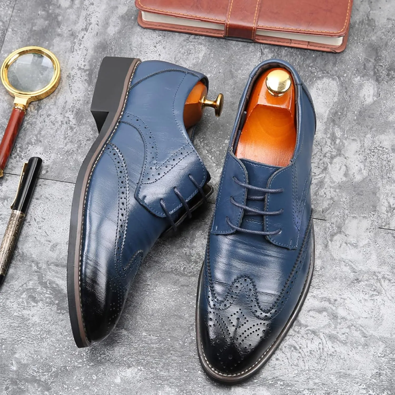 Men's Breathable Oxfords Shoes Casual Wingtip Oxfords Men Arch Support Walking Leather Shoes Supple Business Formal Shoe Retro Dress Brogues Low Heel Lace Up Moatto Leather Derby Shoe