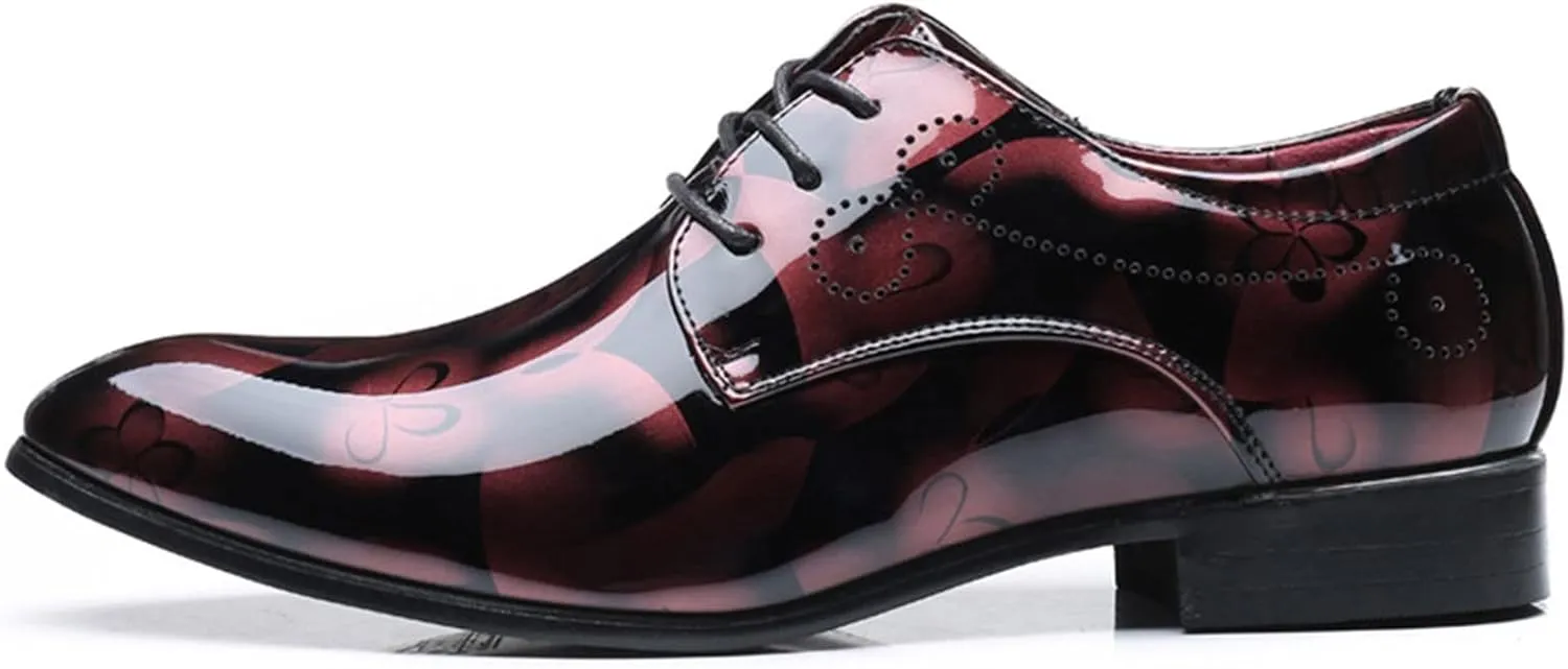 Men's Casual Dress Shoes with Blue Pattern Comfortable Low Heel Business Formal Shoes Pointed Toe Dress Oxfords Men Lace up Patent Leather Shoe Elegant Dating Fashion Shoe Casual Brogues