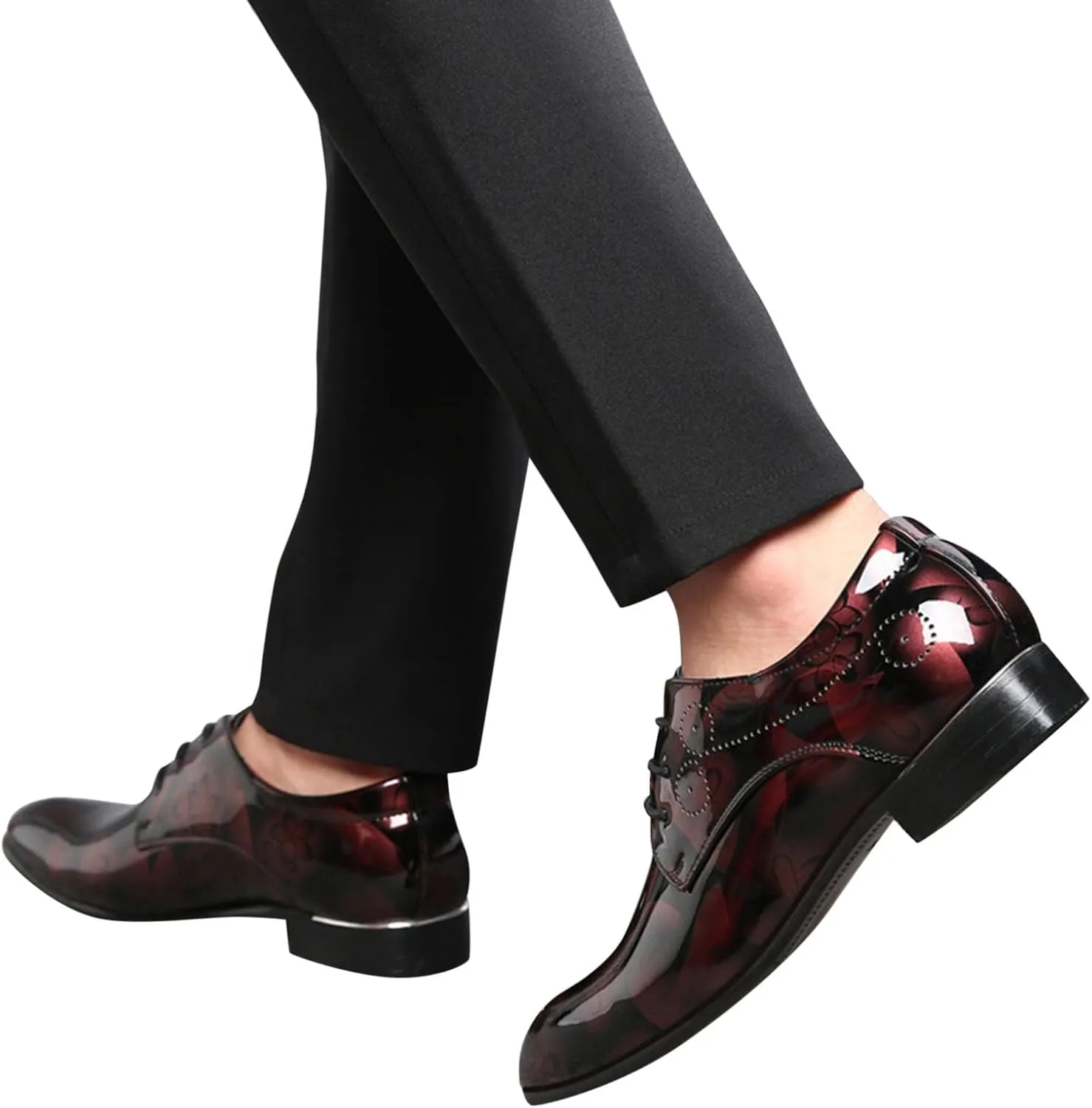 Men's Casual Dress Shoes with Blue Pattern Comfortable Low Heel Business Formal Shoes Pointed Toe Dress Oxfords Men Lace up Patent Leather Shoe Elegant Dating Fashion Shoe Casual Brogues