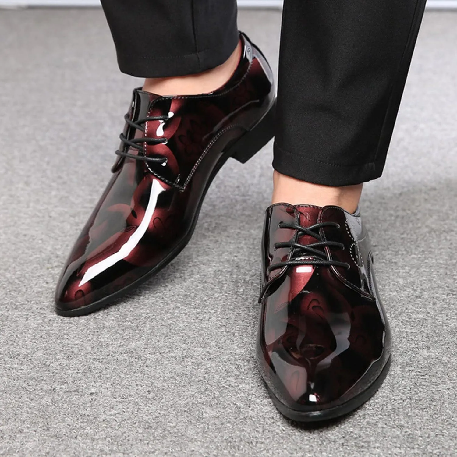 Men's Casual Dress Shoes with Blue Pattern Comfortable Low Heel Business Formal Shoes Pointed Toe Dress Oxfords Men Lace up Patent Leather Shoe Elegant Dating Fashion Shoe Casual Brogues