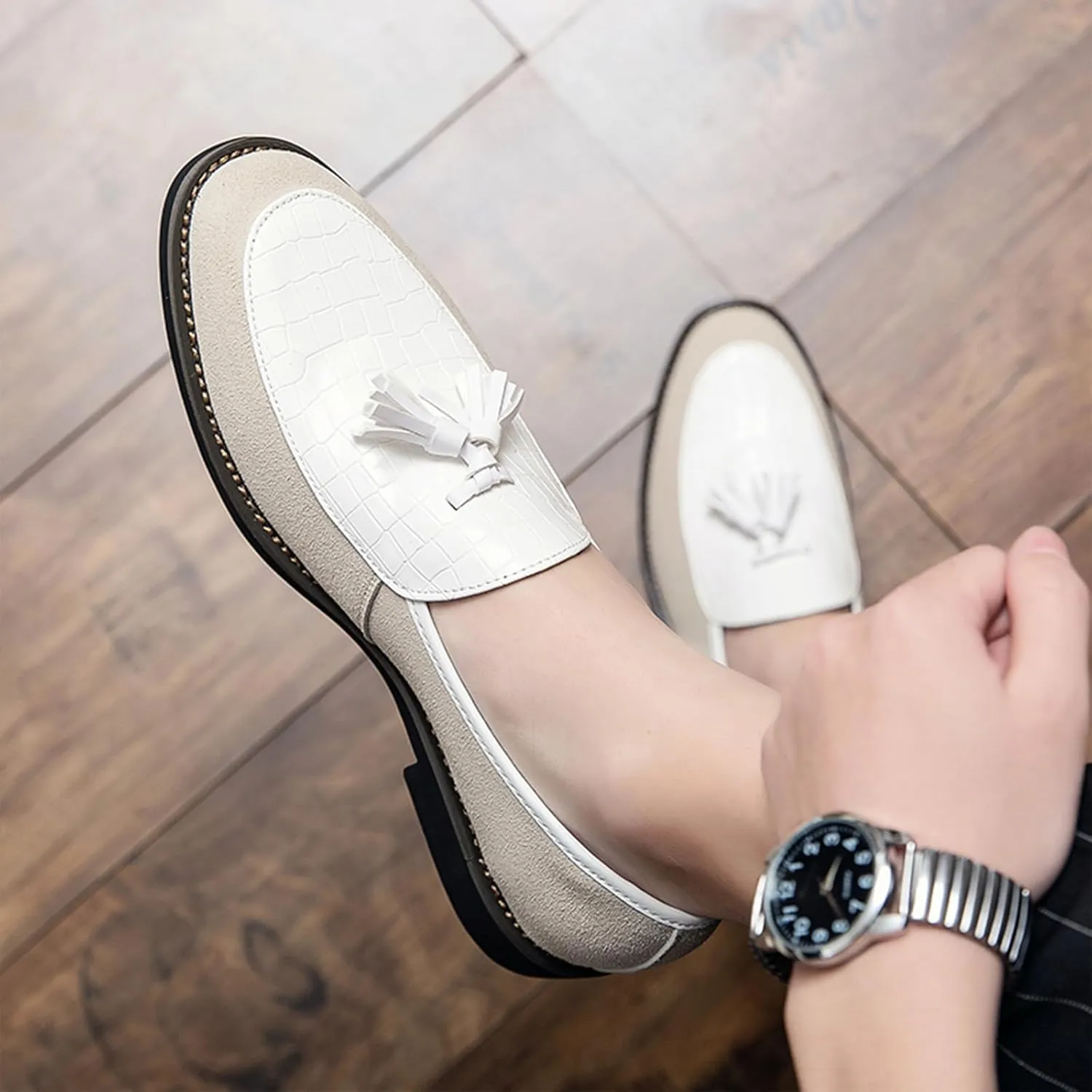 Men's Classic Leather Tassel Low Heel Dress Loafers Comfortable Lightweight Retro Printing Smoking Shoes Anti-Slip Slip-Ons Business Formal Leather Shoes