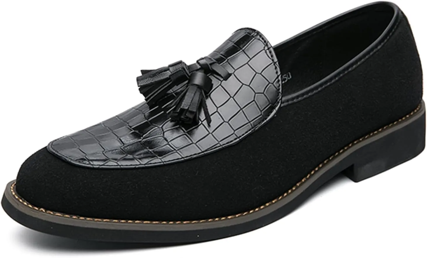 Men's Classic Leather Tassel Low Heel Dress Loafers Comfortable Lightweight Retro Printing Smoking Shoes Anti-Slip Slip-Ons Business Formal Leather Shoes
