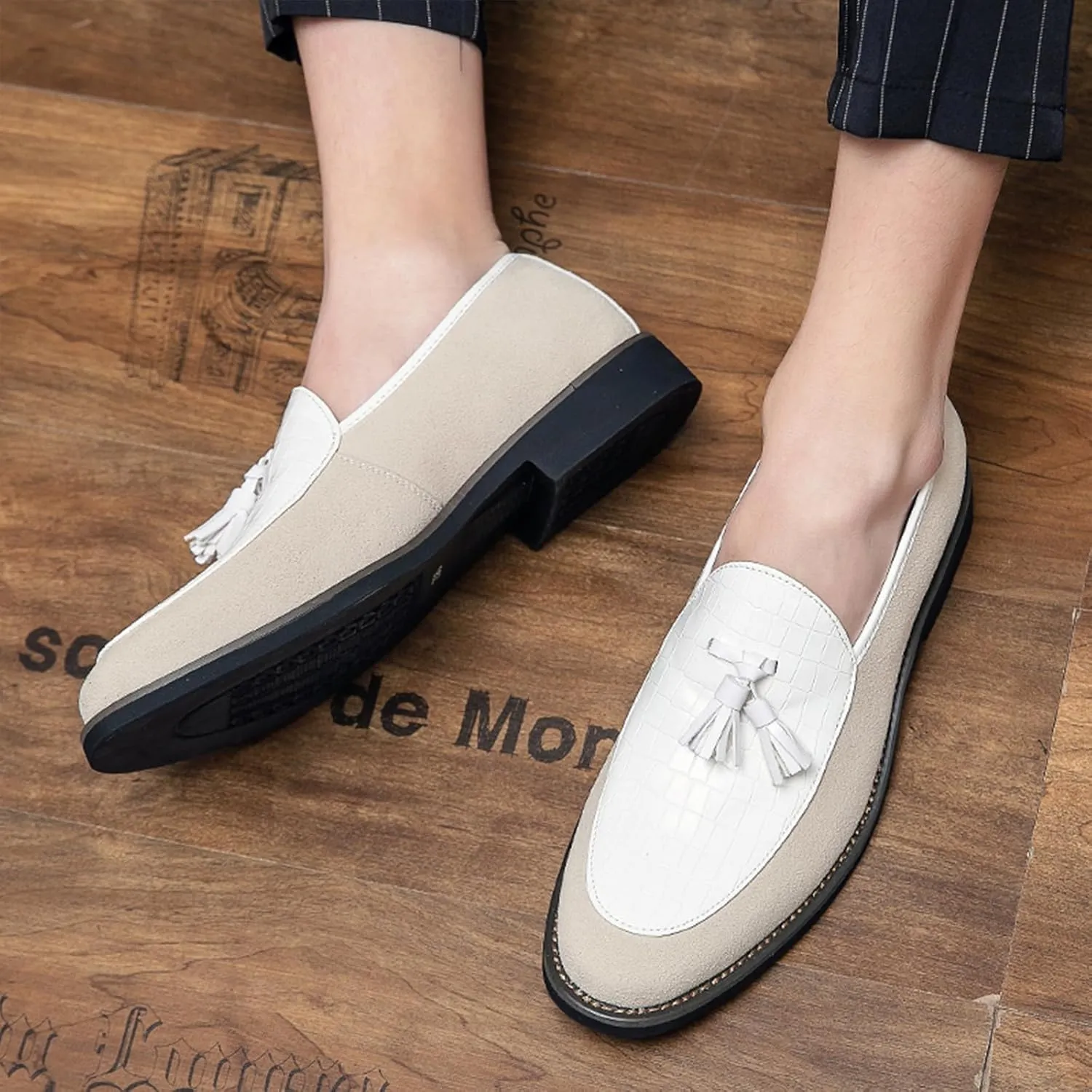 Men's Classic Leather Tassel Low Heel Dress Loafers Comfortable Lightweight Retro Printing Smoking Shoes Anti-Slip Slip-Ons Business Formal Leather Shoes