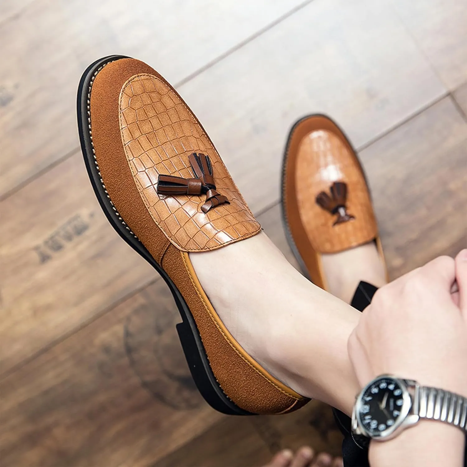 Men's Classic Leather Tassel Low Heel Dress Loafers Comfortable Lightweight Retro Printing Smoking Shoes Anti-Slip Slip-Ons Business Formal Leather Shoes