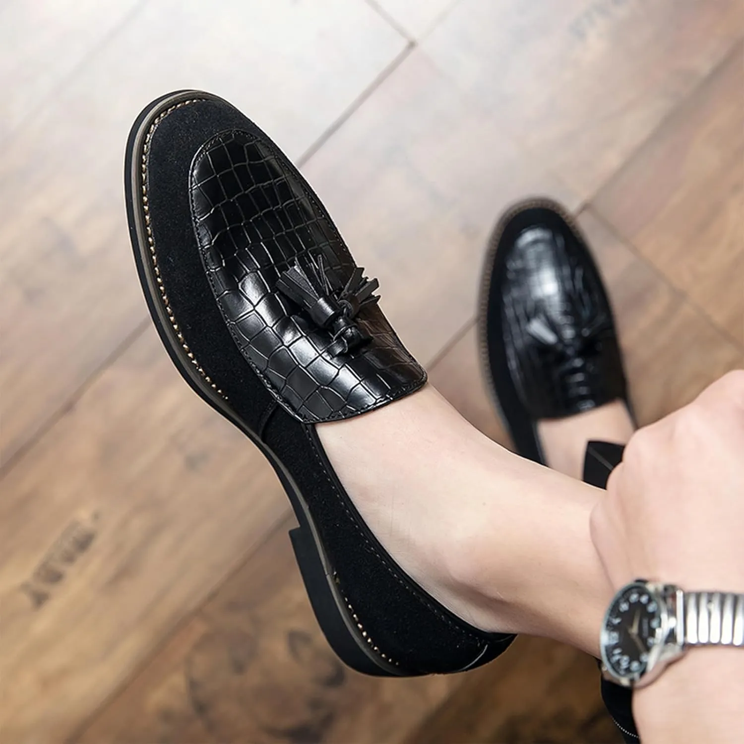 Men's Classic Leather Tassel Low Heel Dress Loafers Comfortable Lightweight Retro Printing Smoking Shoes Anti-Slip Slip-Ons Business Formal Leather Shoes