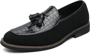 Men's Classic Leather Tassel Low Heel Dress Loafers Comfortable Lightweight Retro Printing Smoking Shoes Anti-Slip Slip-Ons Business Formal Leather Shoes