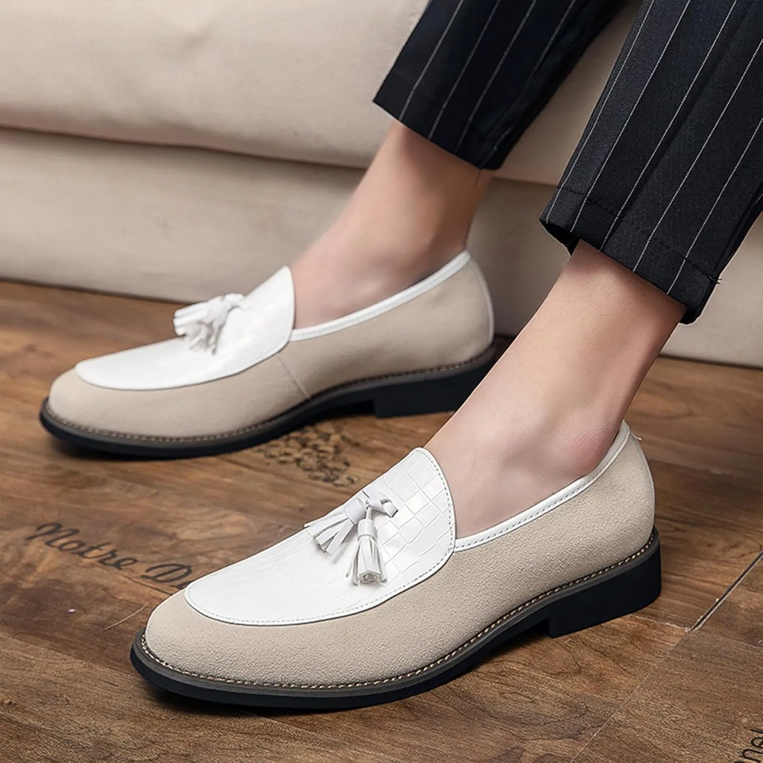 Men's Classic Leather Tassel Low Heel Dress Loafers Comfortable Lightweight Retro Printing Smoking Shoes Anti-Slip Slip-Ons Business Formal Leather Shoes