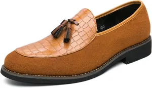 Men's Classic Leather Tassel Low Heel Dress Loafers Comfortable Lightweight Retro Printing Smoking Shoes Anti-Slip Slip-Ons Business Formal Leather Shoes