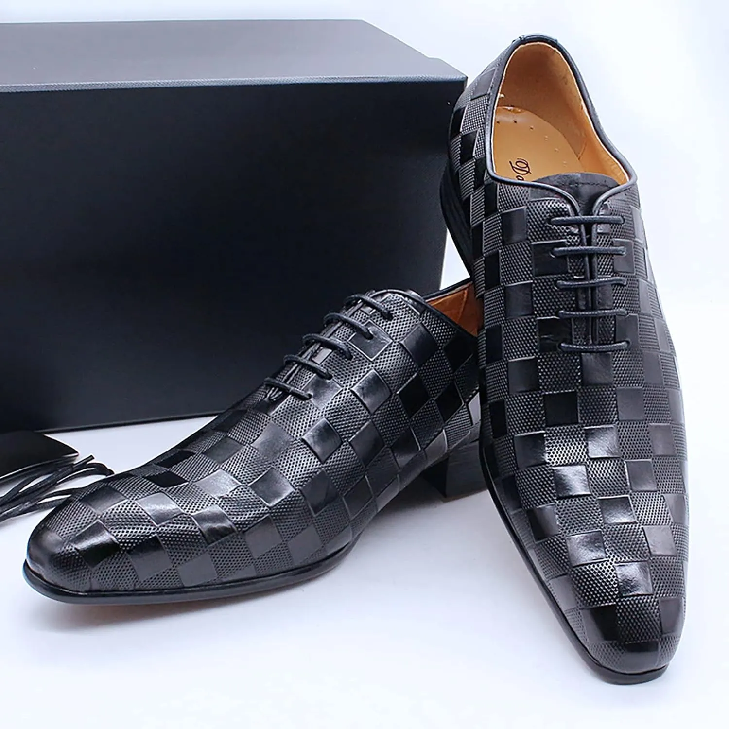 Mens Cowhide Wingtip Derbys Wedding Formal Lace-Up Oxfords Pointed Toe Brogues Casual Dress Shoes,Black-40