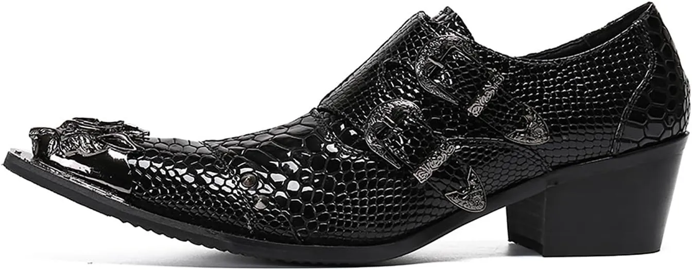 Mens Dress Shoes, 6cm Patent Leather Business Casual Increase Genuine Leather Shoes Large Size Low Top Buckle Metal Toe Slip-Ons, Wedding Shoes