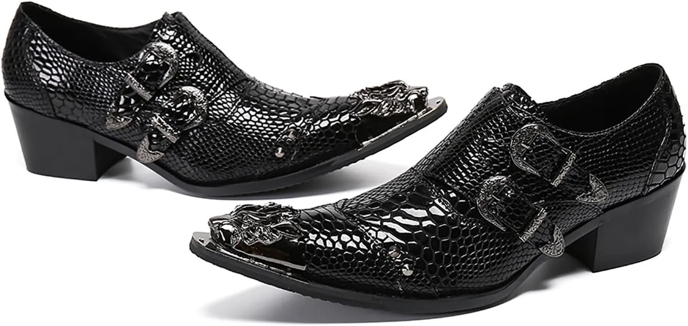 Mens Dress Shoes, 6cm Patent Leather Business Casual Increase Genuine Leather Shoes Large Size Low Top Buckle Metal Toe Slip-Ons, Wedding Shoes