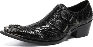Mens Dress Shoes, 6cm Patent Leather Business Casual Increase Genuine Leather Shoes Large Size Low Top Buckle Metal Toe Slip-Ons, Wedding Shoes