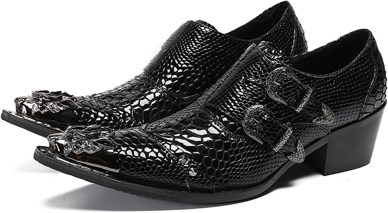 Mens Dress Shoes, 6cm Patent Leather Business Casual Increase Genuine Leather Shoes Large Size Low Top Buckle Metal Toe Slip-Ons, Wedding Shoes