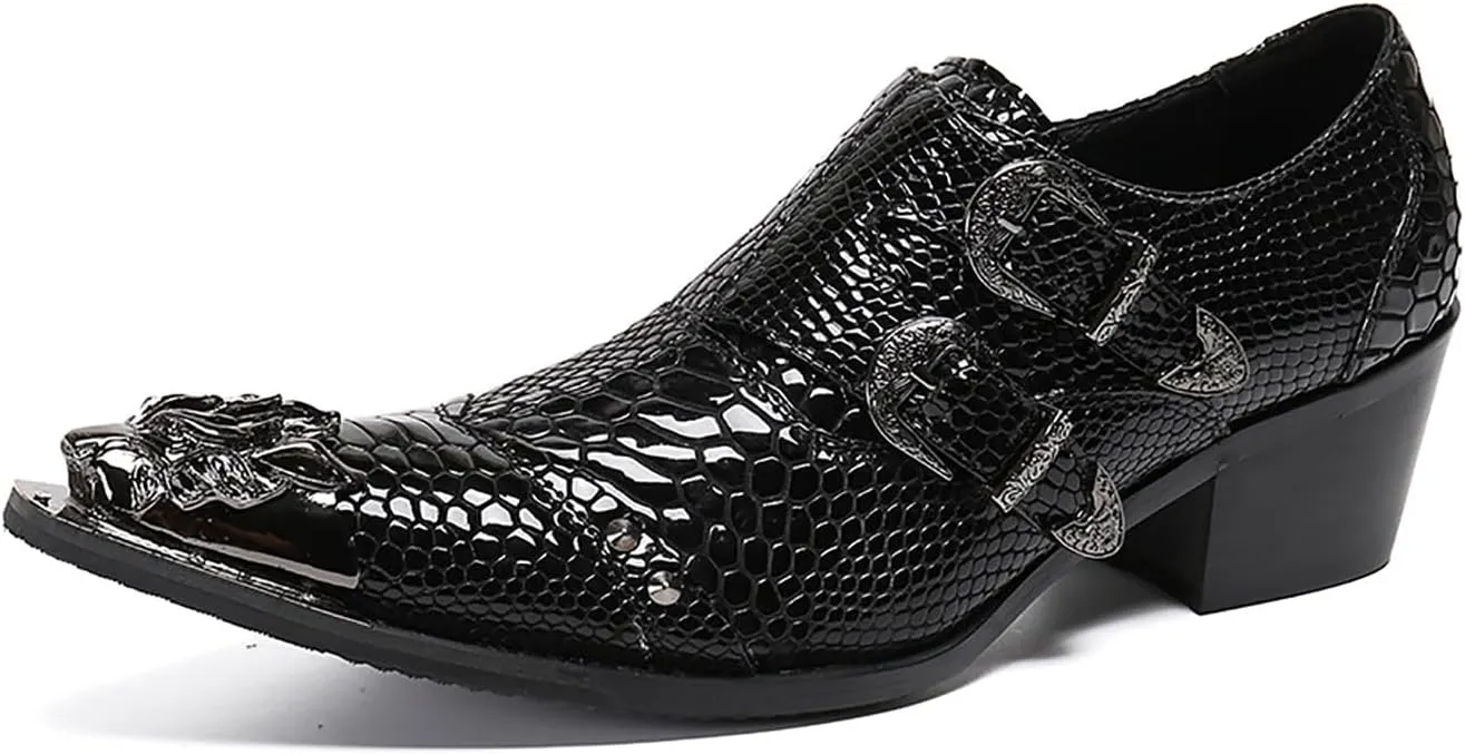 Mens Dress Shoes, 6cm Patent Leather Business Casual Increase Genuine Leather Shoes Large Size Low Top Buckle Metal Toe Slip-Ons, Wedding Shoes